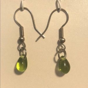 Silver drop earrings with green bead